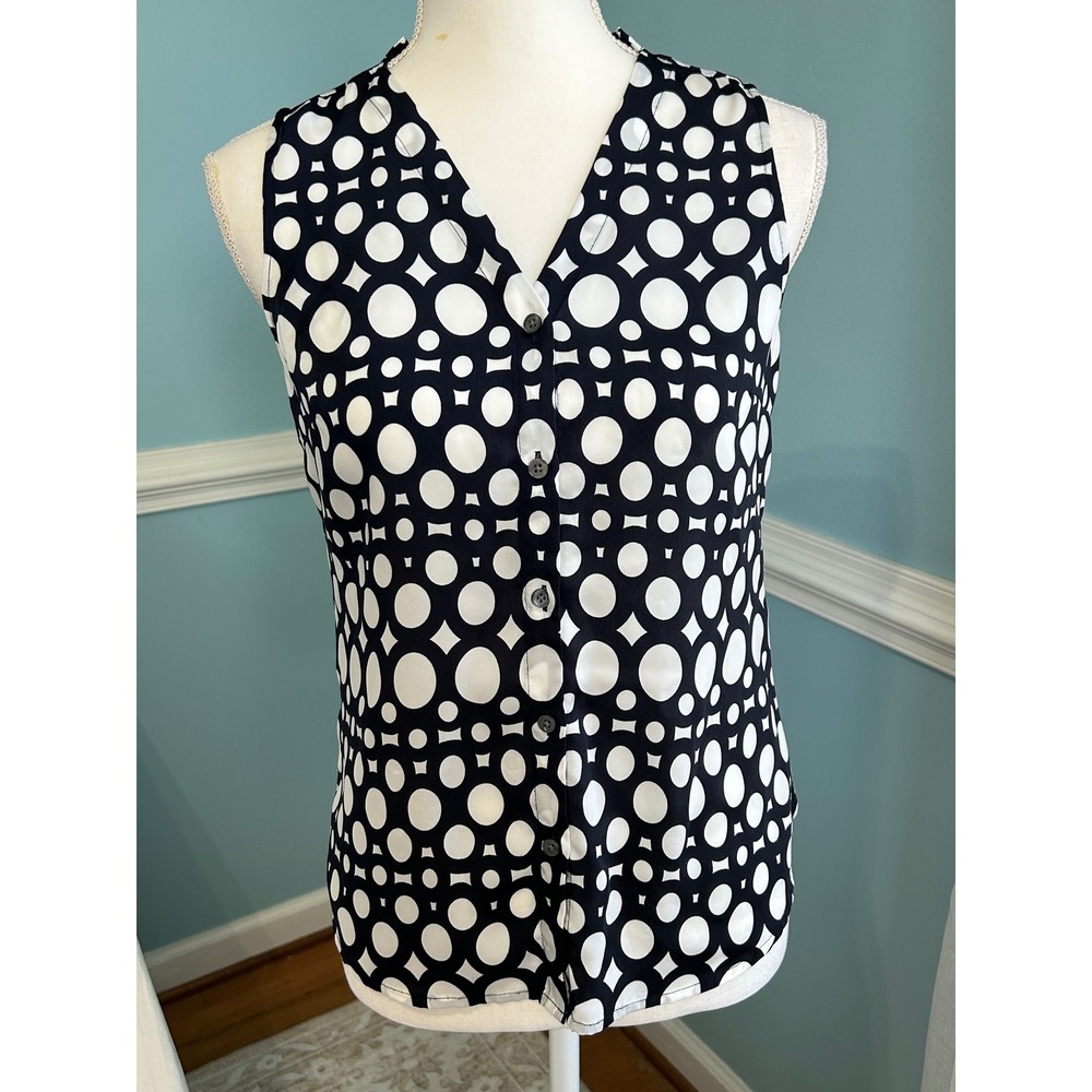 Banana Republic Petite XS Sleeveless Button Down Blouse Navy White Circle Print